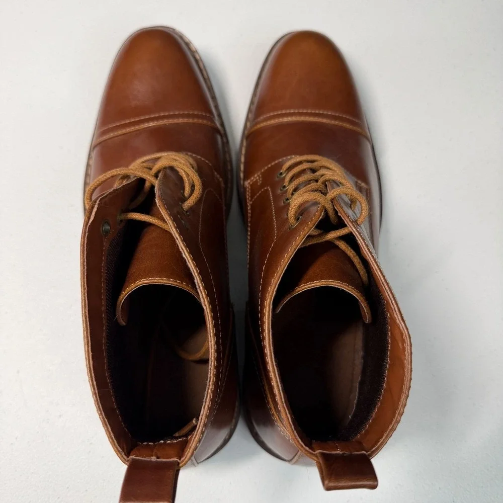 Perry Ellis Men Manning Cap Toe Boot Faux Leather Lace Up Cognac Brown Dressy